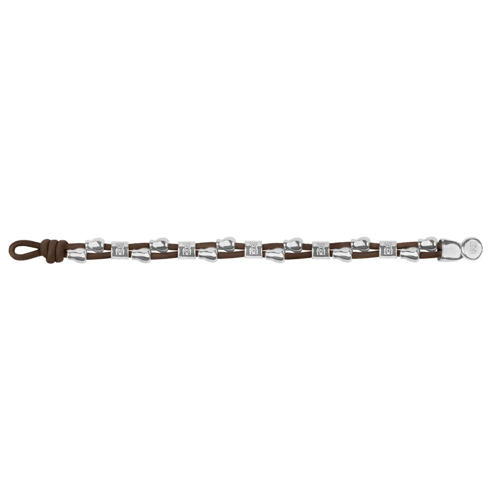 Pulsera de piel natural española, con detalles, broche y perlas en baño de rodio - Joyería y bisutería fina