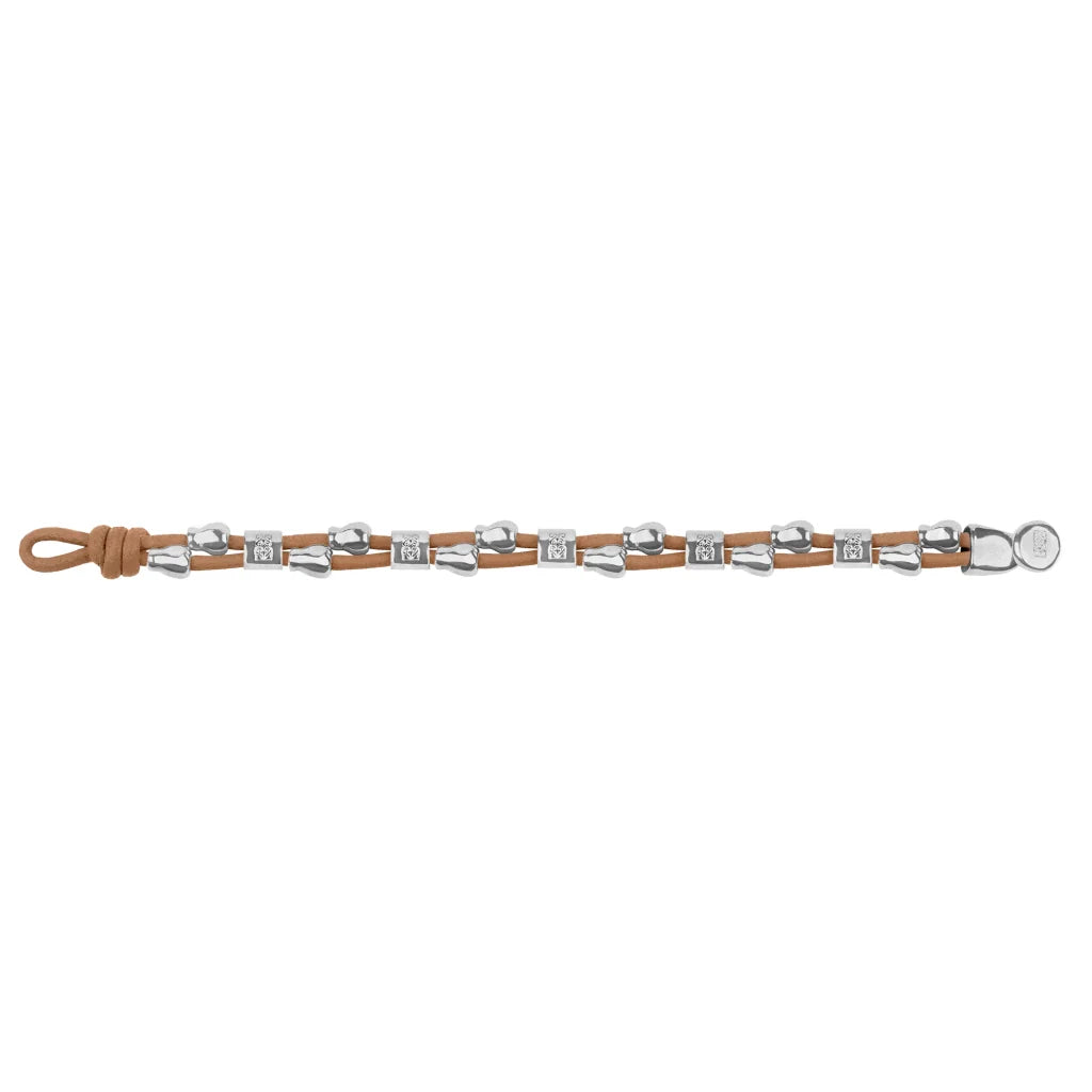Pulsera de piel natural española, con detalles, broche y perlas en baño de rodio - Joyería y bisutería fina