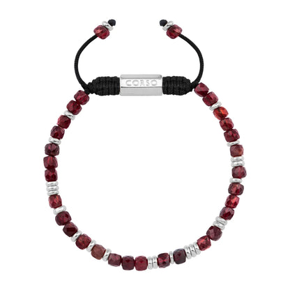 Pulsera con piedras en cubo facetado 4mm, con placa con insignia Corso y mini donas de baño de rodio - Joyería y bisutería fina