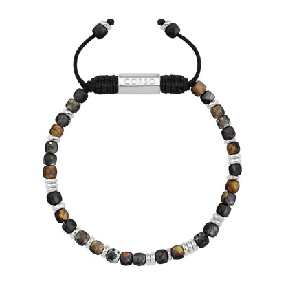 Pulsera con piedras en cubo facetado 4mm, con placa con insignia Corso y mini donas de baño de rodio - Joyería y bisutería fina