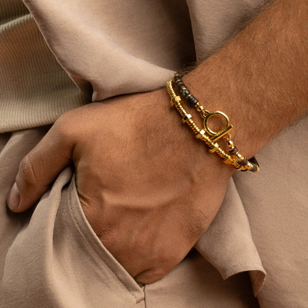 Pulsera con rondanas, donas y placa octagonal en baño de oro 22K - Joyería y bisutería fina