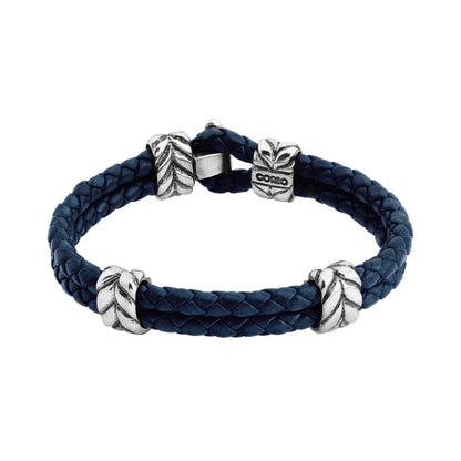 Pulsera con piel natural de borrego en trenza de 4 hilos, con broche y laureles en baño de rodio - Joyería y bisutería fina