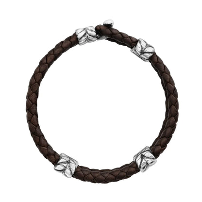 Pulsera con piel natural de borrego en trenza de 4 hilos, con broche y laureles en baño de rodio - Joyería y bisutería fina