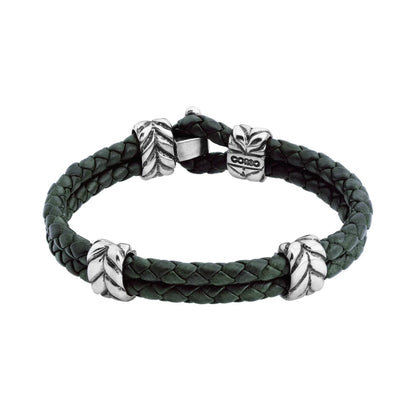 Pulsera con piel natural de borrego en trenza de 4 hilos, con broche y laureles en baño de rodio - Joyería y bisutería fina