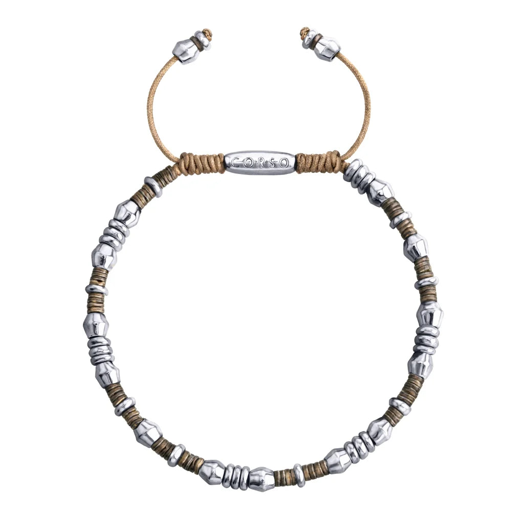 Pulsera ajustable con conchas filipinas de 3mm talladas a mano, intercaladas con cuentas bañadas en rodio - Joyería y bisutería fina