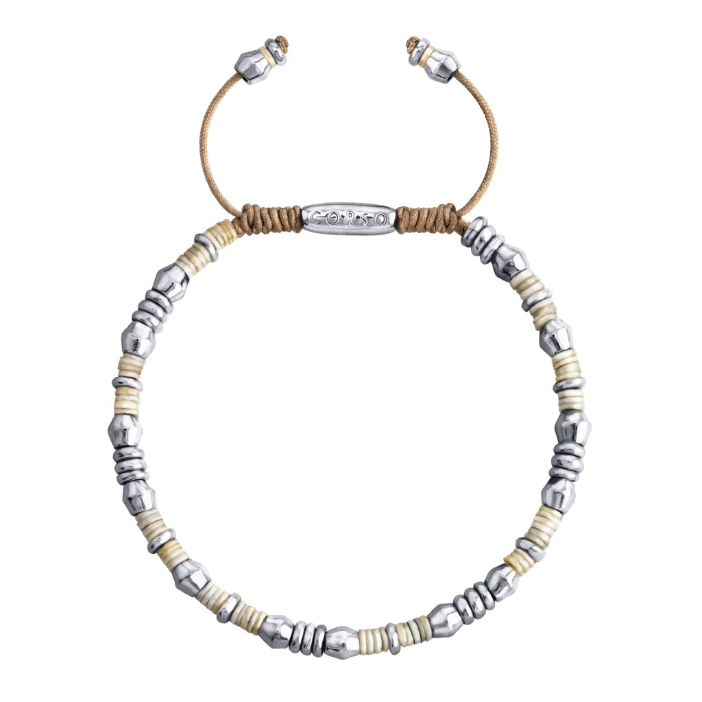 Pulsera ajustable con conchas filipinas de 3mm talladas a mano, intercaladas con cuentas bañadas en rodio - Joyería y bisutería fina