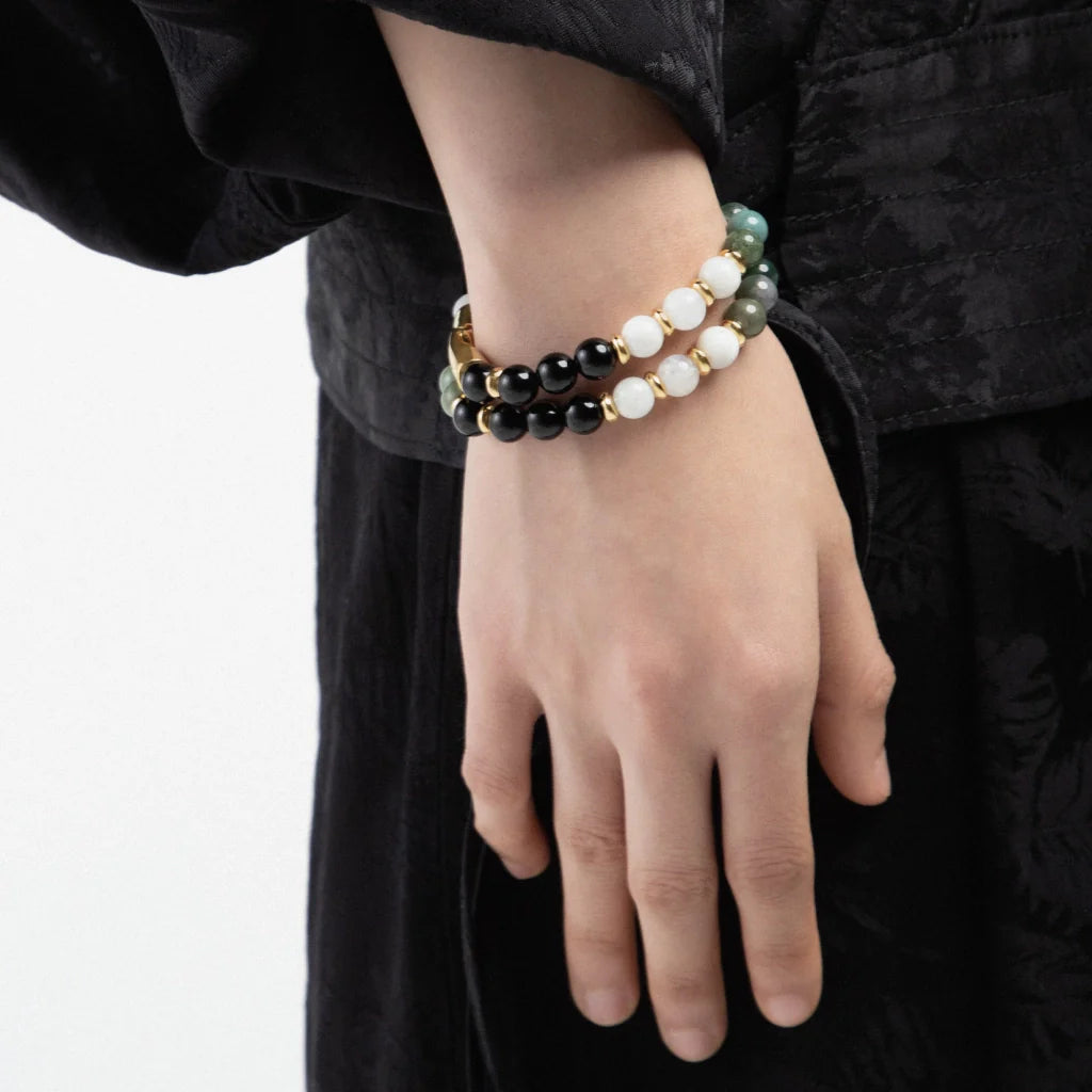 Pulsera de doble vuelta, broche de gancho, piedras de 8mm en baño de oro de 22K - Joyería y bisutería fina