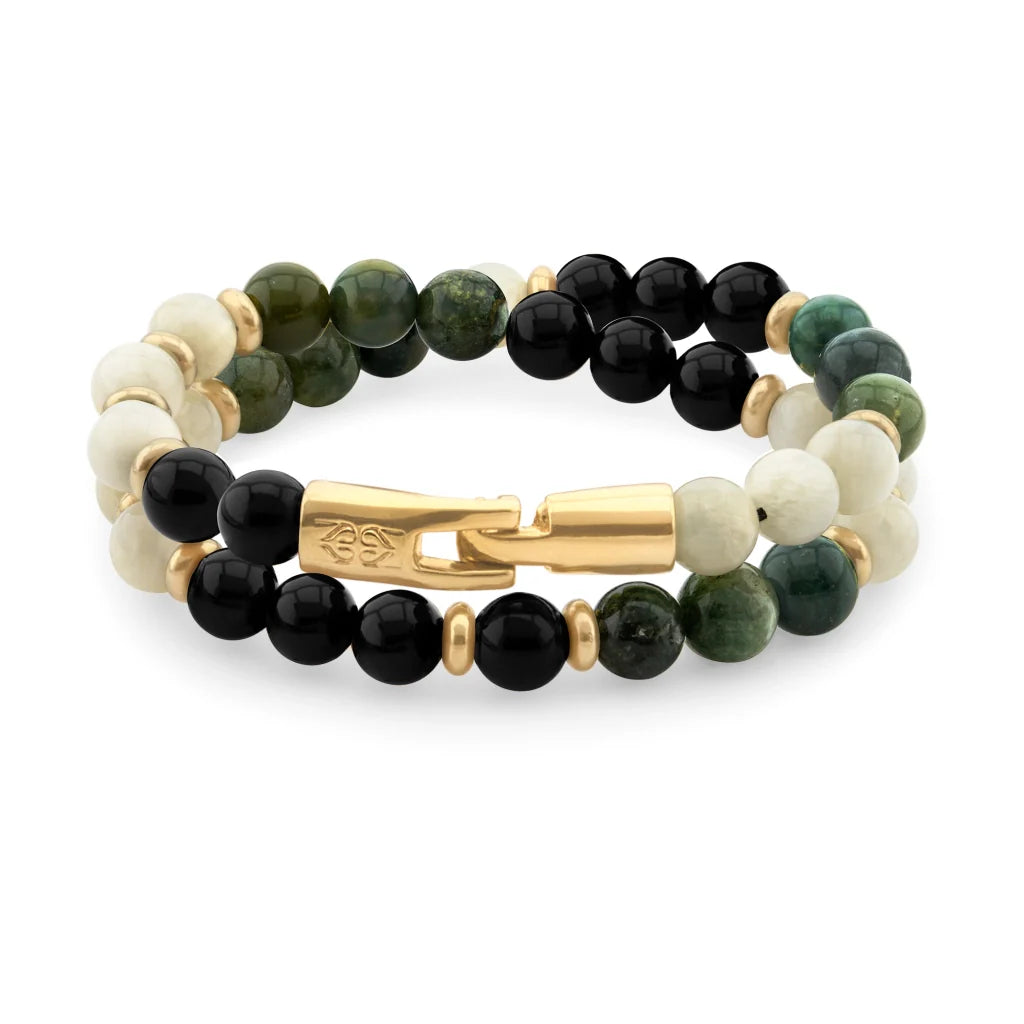 Pulsera de doble vuelta, broche de gancho, piedras de 8mm en baño de oro de 22K - Joyería y bisutería fina