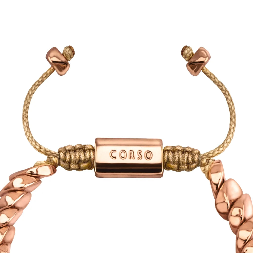 Pulsera ajustable con hilo de seda, con lunas y placa insignia Corso en baño de oro rosa 22K - Joyería y bisutería fina