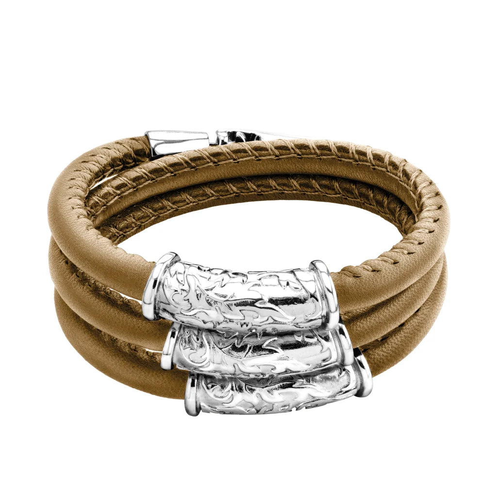Pulsera Baño de rodio, piel natural nappa, diseño hojas de laurel - Joyería y bisutería fina
