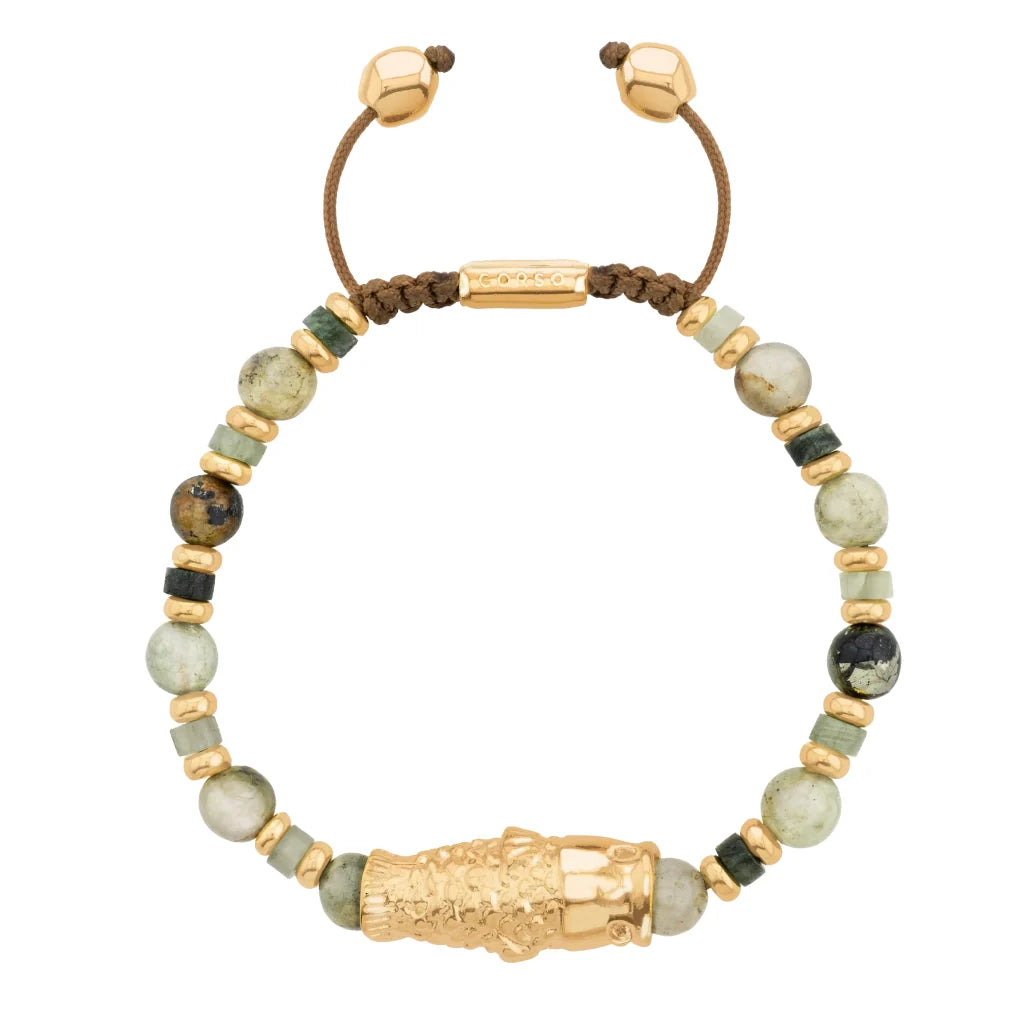 Pulsera con rondeles y dije de pez koi en baño de oro de 22K, con piedras naturales esféricas - Joyería y bisutería fina