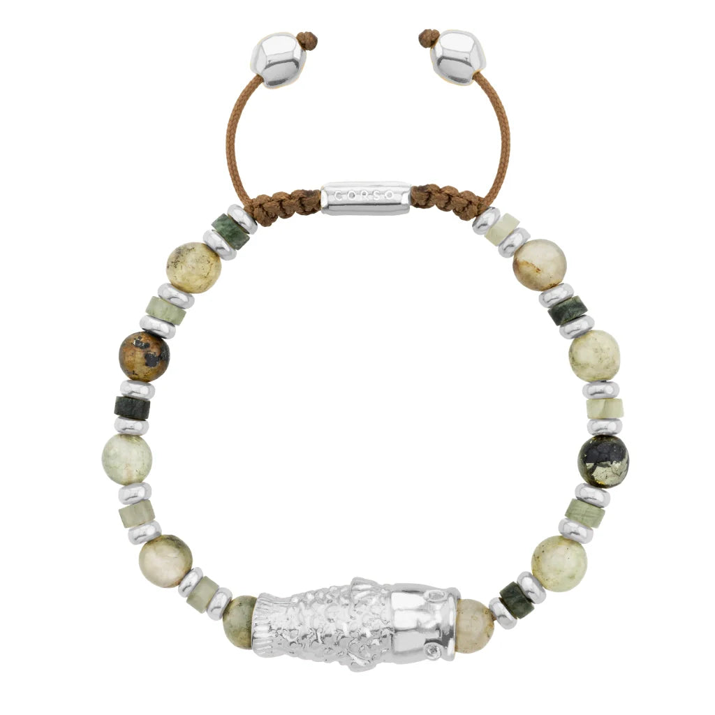 Pulsera con rondeles y dije de pez koi en baño de rodio, con piedras naturales esféricas - Joyería y bisutería fina